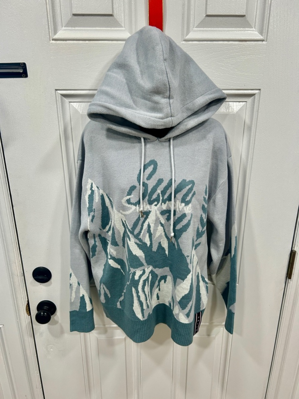 Knit Hoodie Sweater Gray Blue Floral Oversized Women’s Size M Cozy Pullover Ski